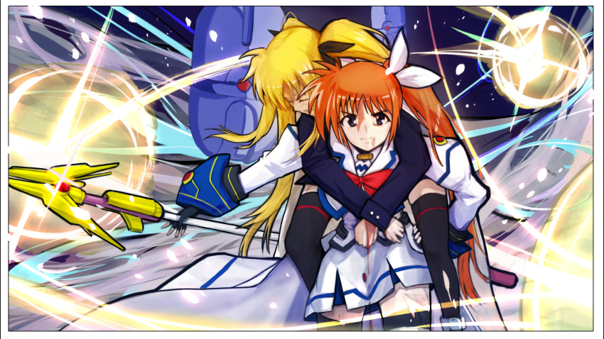 2girls angry battle blonde_hair blood brown_hair carrying clenched_teeth couple fate_testarossa highres injury jacket long_hair lyrical_nanoha mahou_shoujo_lyrical_nanoha mahou_shoujo_lyrical_nanoha_strikers multiple_girls piggyback purple_eyes raising_heart takamachi_nanoha teeth twintails user_sjde7774 very_long_hair white_jacket yuri