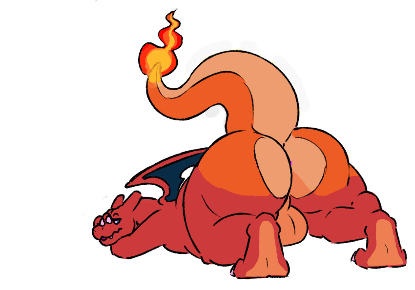 2021 anus balls big_balls big_butt butt charizard covertcanine fire flaming_tail from_behind_(disambiguation) genitals hand_on_snout hi_res male nintendo pok&eacute;mon pok&eacute;mon_(species) presenting presenting_hindquarters raised_tail rear_view simple_background solo thackery_(thunderthighdog) thunderthighdog video_games