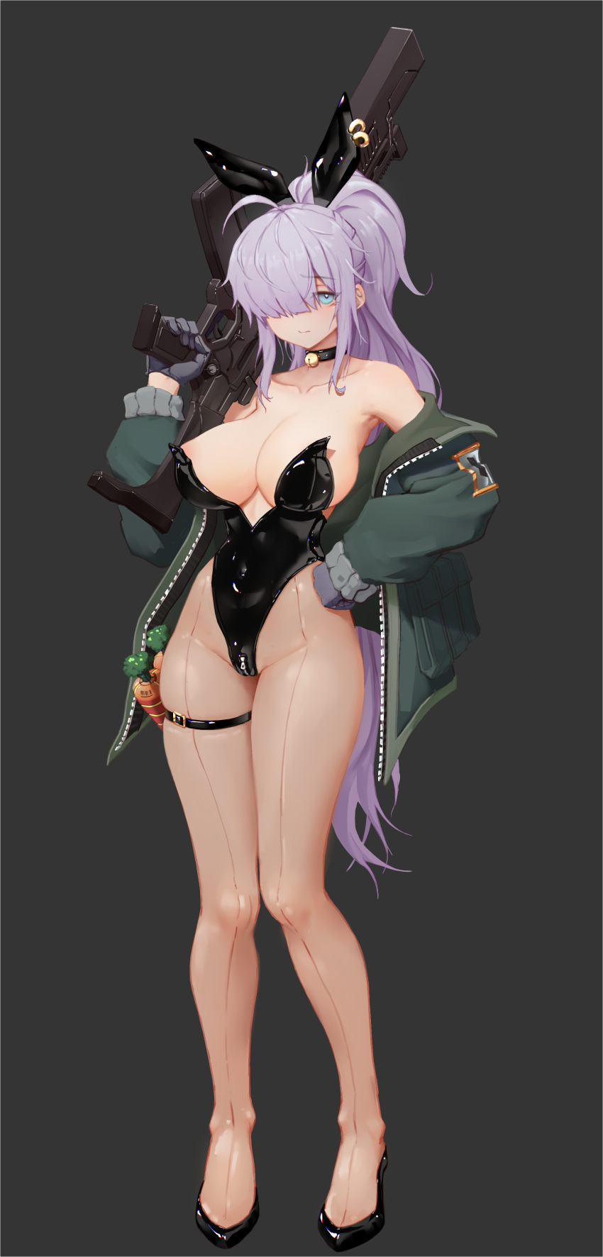 1girl absurdres bell greentree gun high_ponytail highres last_origin long_hair neck_bell playboy_bunny shiny shiny_clothes sidelocks skindentation solo t-20s_gnome thigh_strap very_long_hair weapon