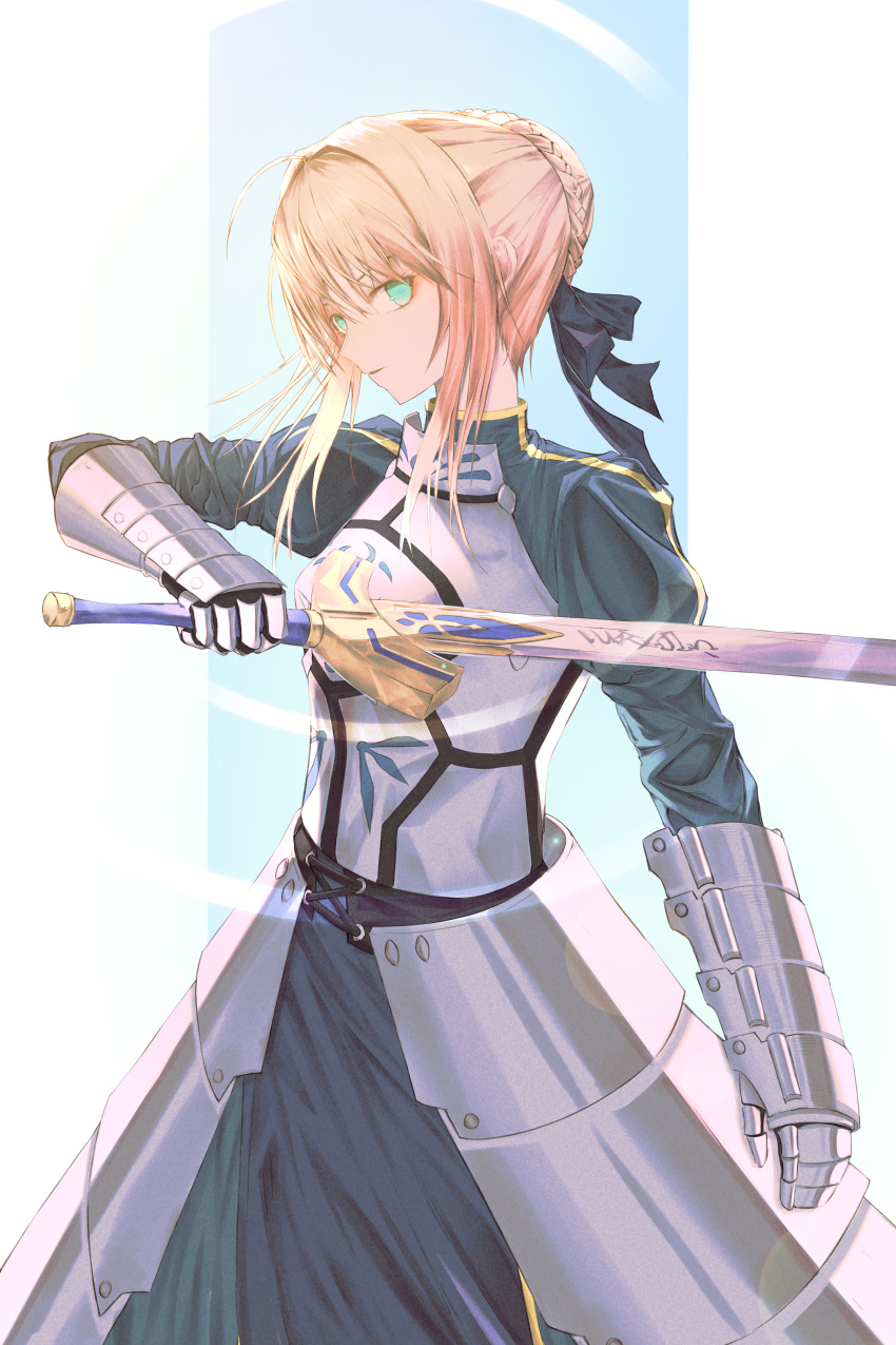 1girl absurdres armor armored_dress artoria_pendragon_(all) blonde_hair blue_background blue_ribbon braid breastplate cowboy_shot excalibur_(fate/stay_night) fate/stay_night fate_(series) french_braid gauntlets green_eyes highres huge_filesize juliet_sleeves long_sleeves looking_at_viewer puffy_sleeves ribbon saber short_hair solo tgb0223