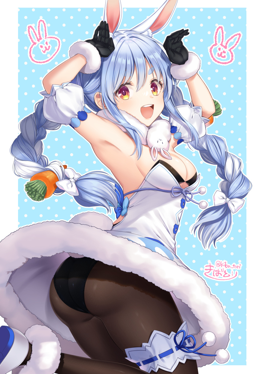 1girl :d absurdres animal_ear_fluff animal_ears armpits arms_up black_gloves black_legwear black_panties blue_background blue_hair braid breasts bunny_ears bunny_pose carrot_hair_ornament detached_sleeves don-chan_(usada_pekora) doodle dress food_themed_hair_ornament fur_trim gloves hair_ornament highres hololive jumping kiba_tori long_hair looking_at_viewer multicolored_hair open_mouth panties pantyhose pantyshot polka_dot polka_dot_background puffy_short_sleeves puffy_sleeves rabbit_girl red_eyes short_sleeves signature smile strapless thick_eyebrows tongue twin_braids twintails two-tone_hair underwear upper_teeth usada_pekora virtual_youtuber white_dress white_hair