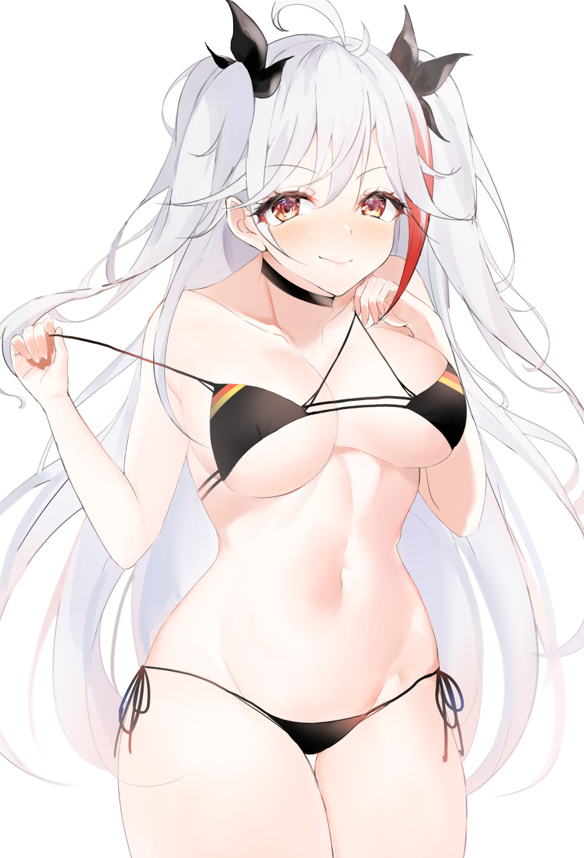 1girl absurdres azur_lane bikini black_bikini black_choker black_ribbon breasts choker eyebrows_visible_through_hair flag_print german_flag german_flag_bikini hair_ribbon highres large_breasts long_hair looking_at_viewer maigo_inu multicolored_hair official_alternate_costume orange_eyes prinz_eugen_(azur_lane) prinz_eugen_(unfading_smile)_(azur_lane) red_hair ribbon side-tie_bikini silver_hair simple_background solo streaked_hair swimsuit thigh_gap very_long_hair white_background