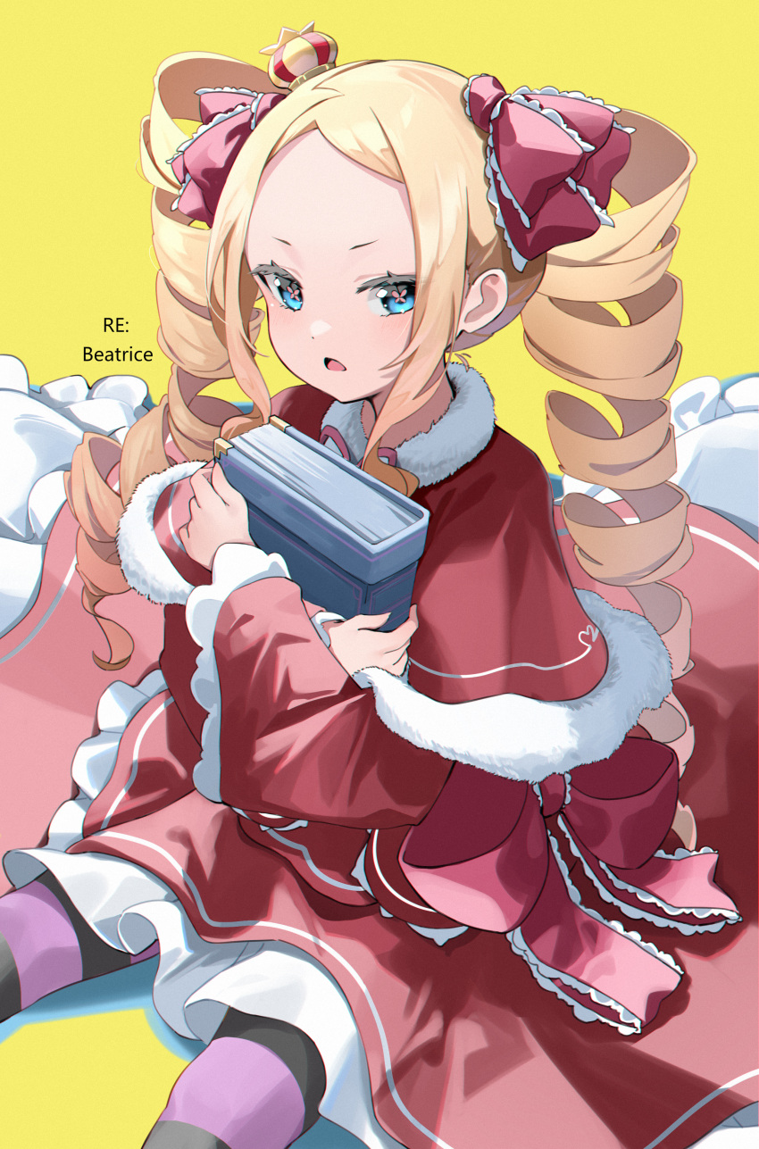 1girl :o absurdres bangs beatrice_(re:zero) blonde_hair blue_eyes blush book book_hug bow capelet character_name crown dress drill_hair frilled_bow frills fur_trim hair_bow hair_ribbon highres holding holding_book long_dress long_hair looking_at_viewer mini_crown miyu10366 object_hug re:zero_kara_hajimeru_isekai_seikatsu red_bow red_dress ribbon sitting solo striped striped_legwear twin_drills yellow_background