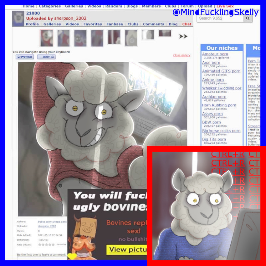 1:1 2021 advertisement blue_clothing blue_shirt blue_topwear bovid bovine breasts caprine clothed clothing computer curtains daylight detailed_background fur hi_res high-angle_view horn internet invalid_tag looking_at_viewer male mammal mindfucklingskelly nipples red_clothing red_shirt red_topwear selfie sheep shirt smile smiling_at_viewer solo soul_devouring_eyes spencer_elliot text tired topwear website white_body white_fur wire wool_(fur) yellow_eyes