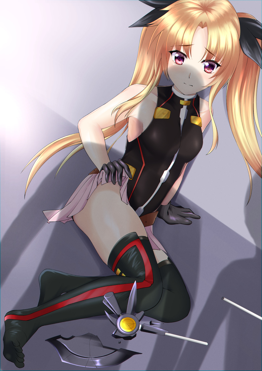 1girl absurdres armpit_peek bardiche bare_shoulders black_gloves black_legwear black_leotard blonde_hair blush breasts closed_mouth eyebrows_visible_through_hair fate_testarossa gloves hair_ornament hair_ribbon highres leotard long_hair looking_at_viewer lyrical_nanoha magical_girl mahou_shoujo_lyrical_nanoha mahou_shoujo_lyrical_nanoha_a's mahou_shoujo_lyrical_nanoha_the_movie_2nd_a's microskirt on_floor pink_skirt red_eyes ribbon shadow shiny shiny_hair skirt small_breasts thighhighs twintails watchimen