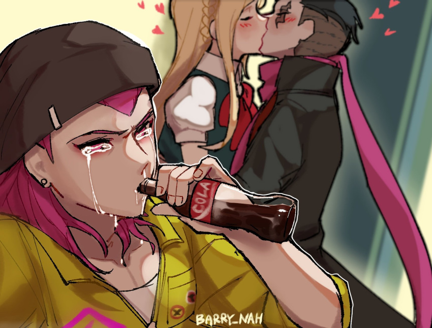 1girl 2boys artist_name barry_nah beanie black_coat black_hair blonde_hair blush bow braid brown_headwear coat coca-cola cola collarbone collared_shirt couple crying danganronpa_(series) danganronpa_2:_goodbye_despair drinking earrings english_commentary from_side hair_ornament hat heart highres jewelry kiss long_hair medium_hair meme multiple_boys pink_eyes pink_hair pink_scarf puffy_short_sleeves puffy_sleeves red_bow scarf shirt short_hair short_sleeves sonia_nevermind souda_kazuichi tanaka_gandamu yellow_jumpsuit