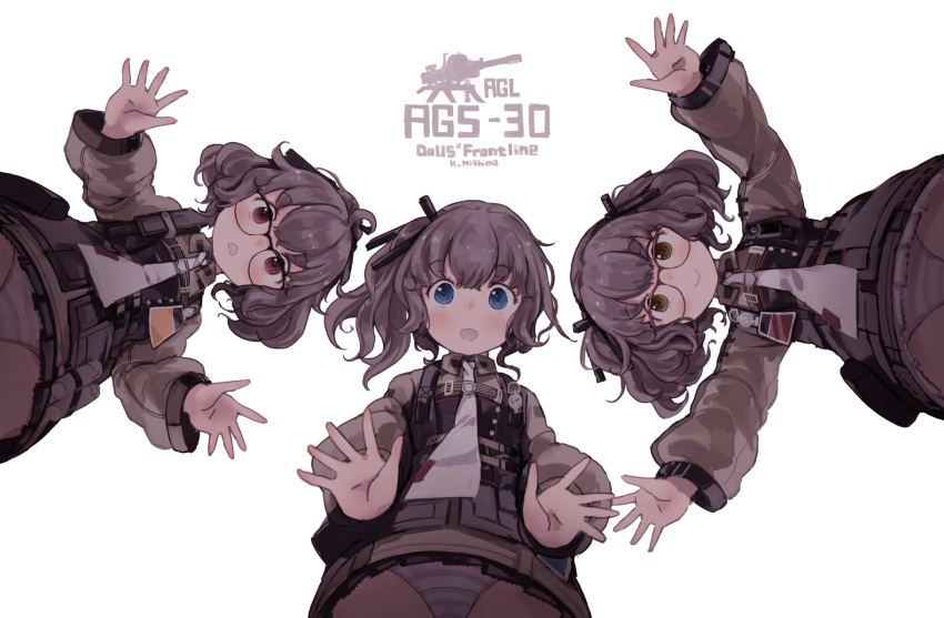 3girls ags-30_(girls_frontline) ahoge bangs blue_eyes brown_eyes brown_hair closed_mouth from_below girls_frontline glasses highres id_card looking_at_viewer mishima_hiroji multiple_girls open_mouth panties red_eyes revision shirt side_ponytail simple_background skirt smile striped striped_panties underwear vest white_background