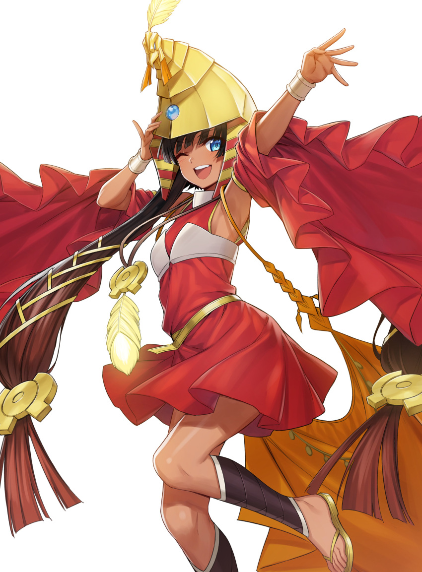 1girl absurdres black_hair blue_eyes bracelet connector_of_nephthys dark_skin dark_skinned_female duel_monster helmet highres jewelry long_hair one_eye_closed sandals skirt supernew tagme yu-gi-oh!