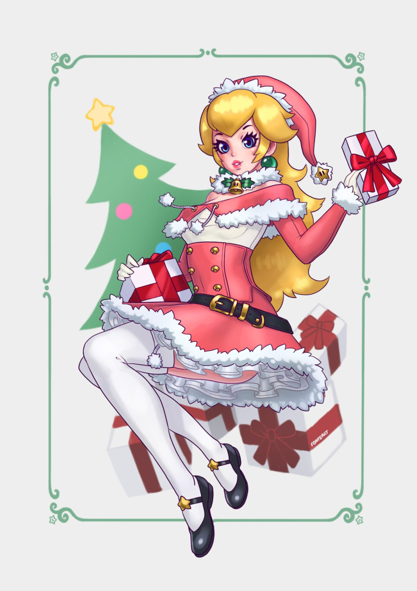 1girl adapted_costume alternate_costume bell belt black_footwear blonde_hair blue_eyes bodice christmas christmas_present christmas_tree commentary english_commentary fonteart gem gloves hat highres jewelry looking_at_viewer mario_(series) neck_bell parted_lips pink_headwear pink_lips princess_peach santa_costume santa_hat signature thighhighs