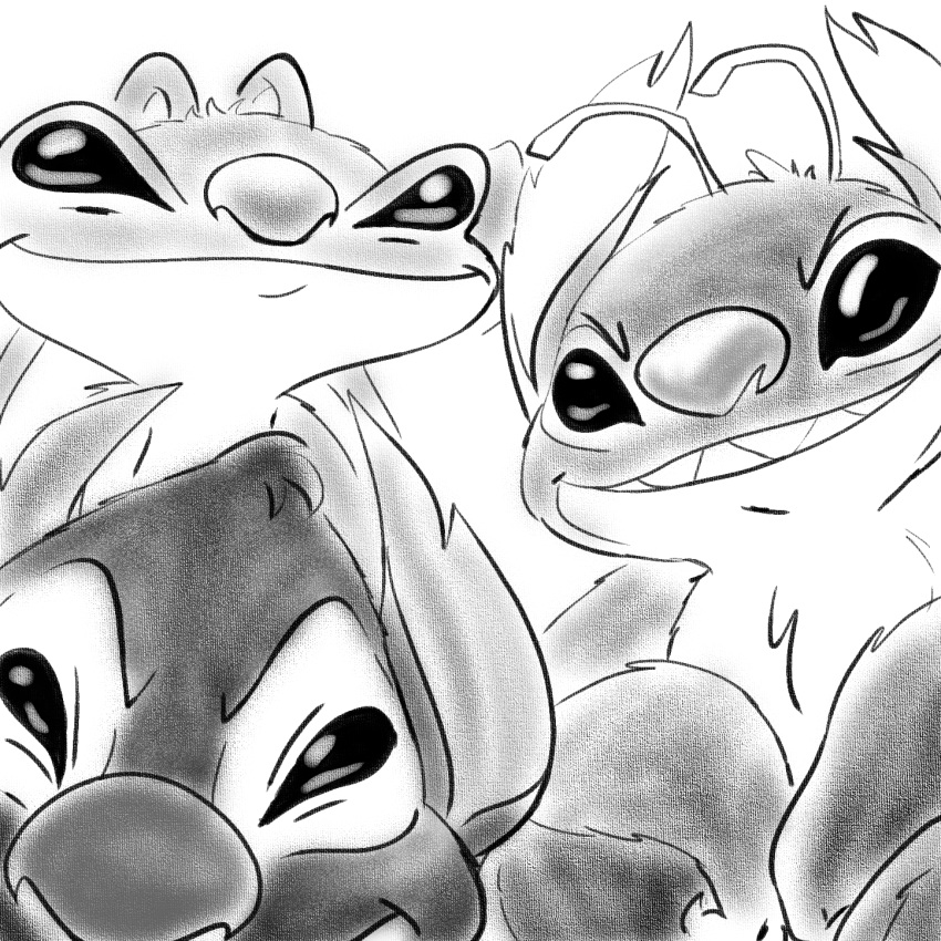 1:1 2021 alien antennae_(anatomy) chest_tuft dipstick_antennae disney experiment_(lilo_and_stitch) experiment_627 fur greyscale grin group head_tuft hi_res kajabuubuu leroy_(lilo_and_stitch) lilo_and_stitch looking_at_viewer monochrome multicolored_antennae notched_ear simple_background smile sparky_(lilo_and_stitch) trio tuft white_background