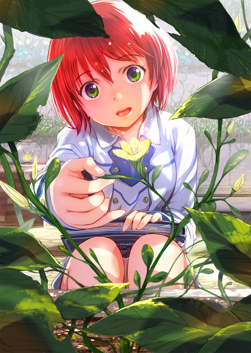 1girl :d absurdres akagami_no_shirayukihime book bookmark commentary_request flower green_eyes highres holding holding_book leaf mikazuki_akira! open_mouth plant red_hair shirayuki_(akagami_no_shirayukihime) short_hair smile solo