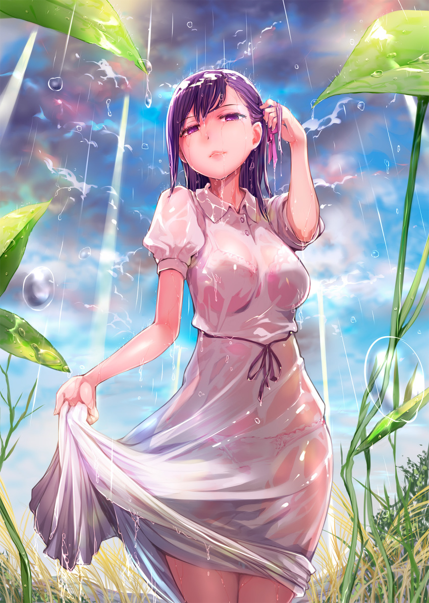 1girl bra_through_clothes cloud cloudy_sky commentary_request dress dress_lift fate/stay_night fate_(series) grass hair_ribbon hair_tucking heaven's_feel highres lifted_by_self matou_sakura mikazuki_akira! nature outdoors panties pink_ribbon purple_eyes purple_hair rain ribbon sky solo underwear wet wet_clothes wet_dress white_dress