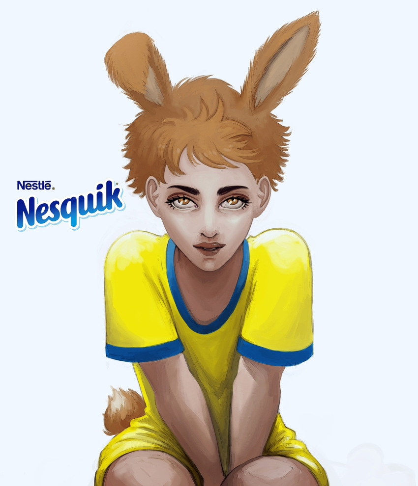 2021 alternate_species ambiguous_gender animal_humanoid bottomless brown_eyes clothed clothing hi_res human humanized humanoid lagomorph lagomorph_humanoid leporid_humanoid mammal mammal_humanoid mascot nesquik nesquik_bunny nightmare_fuel novak_(artist) rabbit_humanoid shirt sitting solo tagme topwear uncanny_valley