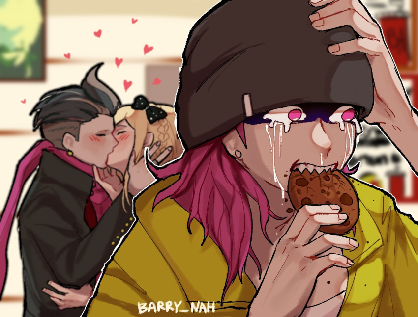 1girl 2boys bangs barry_nah black_bow black_coat black_hair black_headwear blurry blurry_background blush bow braid closed_eyes coat cookie crying danganronpa_(series) danganronpa_2:_goodbye_despair earrings eating english_commentary food french_kiss from_side grey_hair hair_bow hand_on_own_head heart highres holding holding_food jewelry kiss long_sleeves medium_hair meme multicolored_hair multiple_boys pink_eyes pink_hair pink_scarf scarf sharp_teeth short_hair solo_focus sonia_nevermind souda_kazuichi tanaka_gandamu teeth two-tone_hair