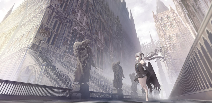 1girl bare_shoulders barefoot black_dress black_gloves black_wings breasts building cloud cloudy_sky dress elbow_gloves feathered_wings gloves grey_hair highres long_hair looking_away looking_to_the_side low_wings medium_breasts missile228 original outdoors railing red_eyes sky sleeveless sleeveless_dress solo statue twintails very_long_hair walking wings