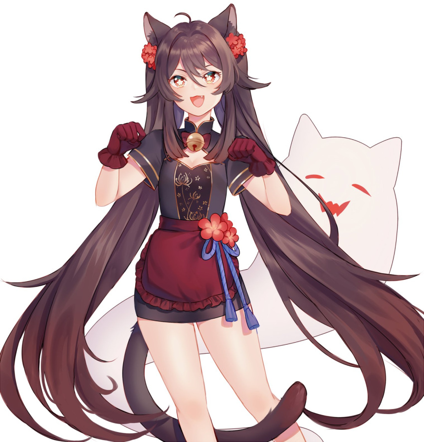 1girl alternate_costume animal_ears banned_artist bell breasts brown_hair cat_ears cleavage genshin_impact ghost highres hu_tao jingle_bell llicornia looking_at_viewer red_eyes short_sleeves small_breasts smile solo twintails