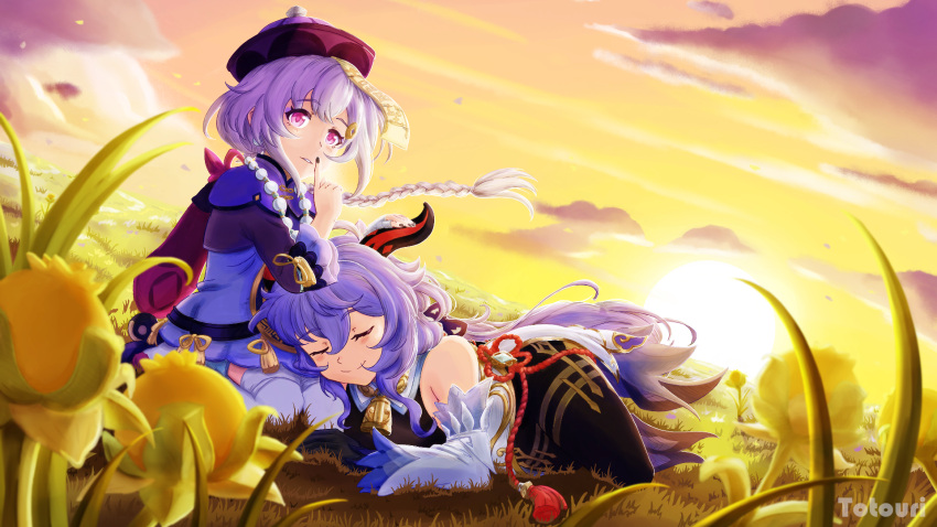 2girls artist_name bare_shoulders bead_necklace beads black_nails blue_hair braid braided_ponytail closed_eyes cloud cloudy_sky finger_to_mouth flower ganyu_(genshin_impact) genshin_impact grass hat highres horns jewelry jiangshi lap_pillow long_sleeves looking_at_viewer lying multiple_girls nail_polish nature necklace purple_eyes purple_hair qiqi_(genshin_impact) shushing sky smile sunset thighhighs totouri yellow_sky