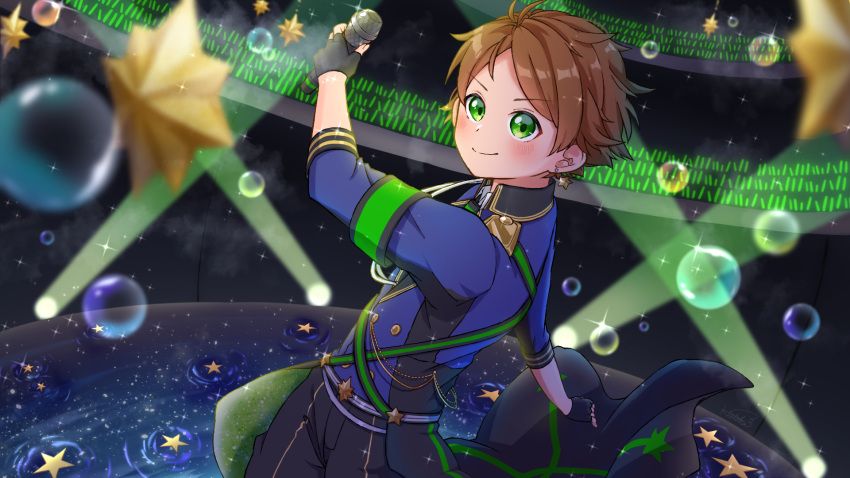 brown_hair bubble concert green_eyes hatoka_ra5 highres lightning microphone niconico simple_background urashimasakatasen uratanuki