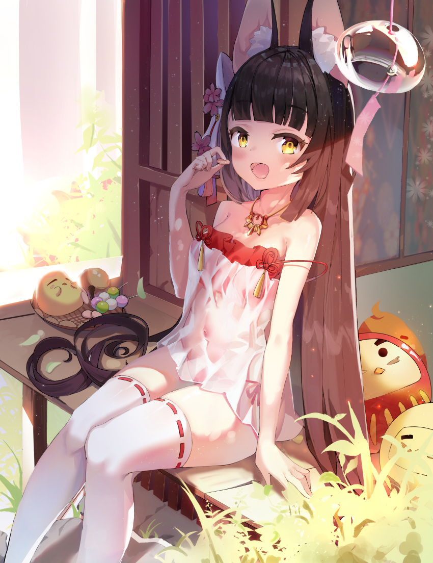 1girl :d absurdres animal_ear_fluff animal_ears bangs bare_shoulders bikini bikini_under_clothes black_hair blunt_bangs chinese_commentary commentary_request copyright_request eyebrows_visible_through_hair feet_out_of_frame food fox_ears fox_mask highres holding holding_food jewelry long_hair looking_at_viewer mask mask_on_head necklace open_mouth qiuyueruona red_bikini ribbon-trimmed_legwear ribbon_trim see-through side-tie_bikini sitting smile solo strap_slip swimsuit thighhighs very_long_hair white_legwear yellow_eyes