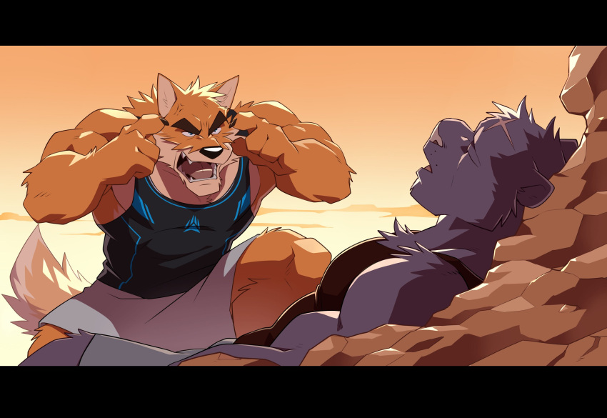 anthro biceps blue_eyes bottomwear canid canine canis clothed clothing domestic_dog felid fur group hi_res male mammal muscular muscular_male otake pantherine ray_(takemoto_arashi) scar takemoto_arashi tan_body tan_fur think_mark_think! topwear tuft