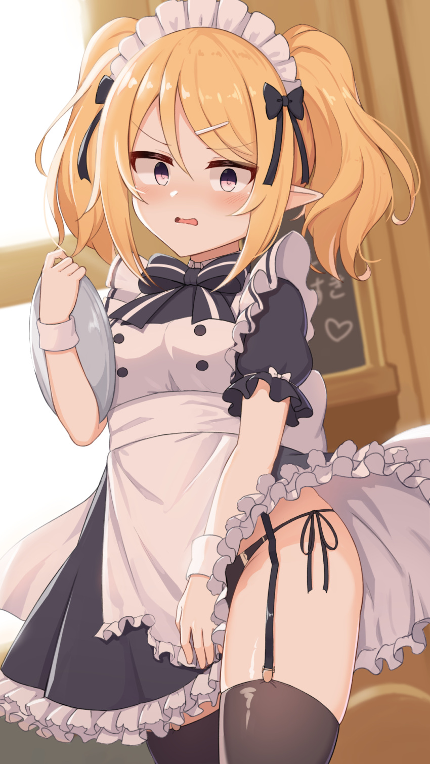 1girl apron bangs banned_artist black_bow black_dress black_legwear black_panties blonde_hair bow chloe_(princess_connect!) commentary_request curtains dress eyebrows_visible_through_hair frilled_apron frilled_dress frills garter_straps hair_between_eyes hair_ornament hairclip heart highres holding holding_tray indoors maid_apron maid_day maid_headdress panties parted_lips pointy_ears princess_connect! princess_connect!_re:dive puffy_short_sleeves puffy_sleeves red_eyes short_sleeves side-tie_panties solo thighhighs tray twintails underwear wavy_mouth white_apron window wrist_cuffs