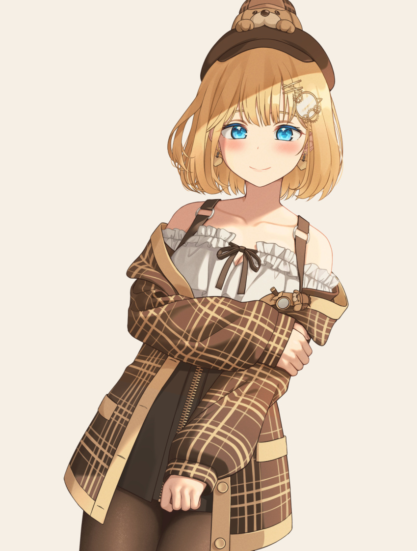 1girl bare_shoulders blonde_hair blue_eyes bubba_(watson_amelia) cabbie_hat cardigan casual collarbone deerstalker dog earrings frills grabbing_own_arm hair_ornament hat heart heart_earrings highres hololive hololive_english jewelry kangbus monocle_hair_ornament off-shoulder_jacket pantyhose short_hair simple_background smile solo virtual_youtuber watson_amelia zipper