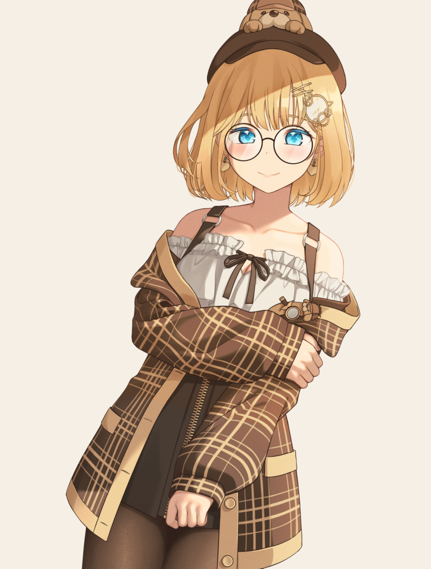 1girl bare_shoulders blonde_hair blue_eyes bubba_(watson_amelia) cabbie_hat cardigan casual collarbone deerstalker dog earrings frills glasses grabbing_own_arm hair_ornament hat heart heart_earrings highres hololive hololive_english jewelry kangbus monocle_hair_ornament off-shoulder_jacket pantyhose round_eyewear short_hair simple_background smile solo virtual_youtuber watson_amelia zipper