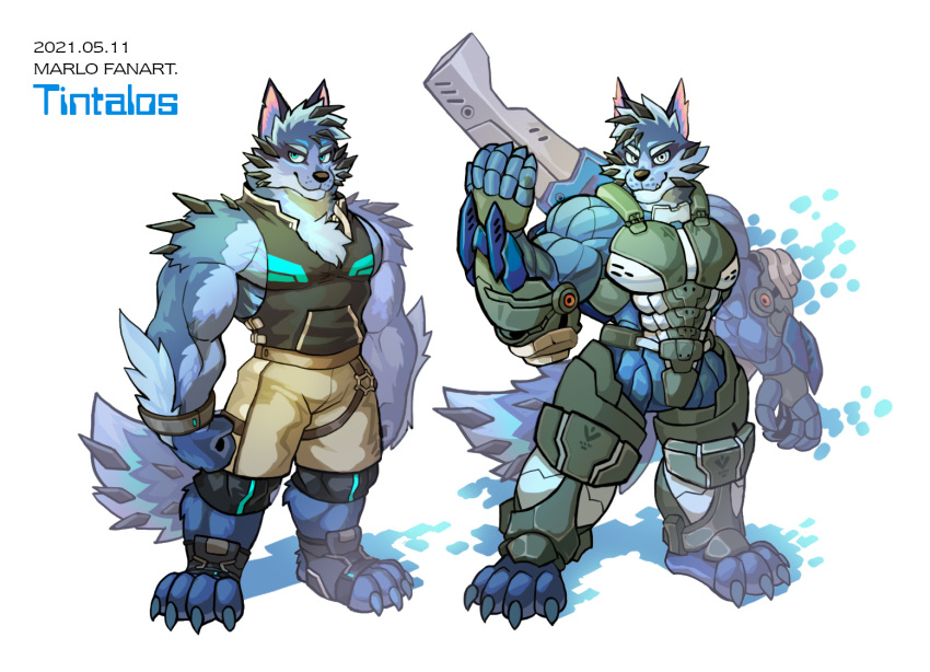 anthro biceps blue_body blue_fur canid canine canis clothing digital_media_(artwork) fur male mammal muscular muscular_anthro muscular_male pecs simple_background sleeveless_hoodie tindalos_(tas) tokyo_afterschool_summoners video_games wolf wolfmalro