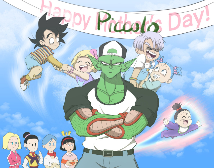 :d backwards_hat baseball_cap blonde_hair bow casual character_request colored_skin crossed_arms day dragon_ball green_skin hat highres male_focus mother's_day open_mouth outdoors piccolo pink_bow pointy_ears simplymacy smile