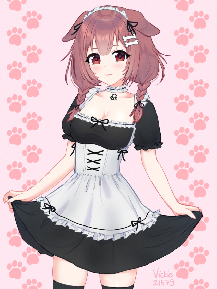 1girl :3 alternate_costume animal_ears artist_name black_legwear bone_hair_ornament breasts brown_eyes brown_hair cleavage commentary cowboy_shot dog_ears english_commentary enmaided hair_ornament highres hololive inugami_korone long_hair looking_at_viewer maid maid_headdress medium_breasts paw_print paw_print_background pink_background short_sleeves simple_background skirt_hold smile solo thighhighs twintails vickie_(cryingrobot) virtual_youtuber