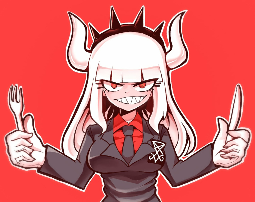 1girl bangs black_jacket black_neckwear blunt_bangs collared_shirt demon_horns dice_coffeedox fork gloves hands_up helltaker holding holding_fork holding_knife horns jacket knife long_hair looking_at_viewer lucifer_(helltaker) necktie outline red_background red_eyes red_shirt shirt simple_background solo white_gloves white_outline