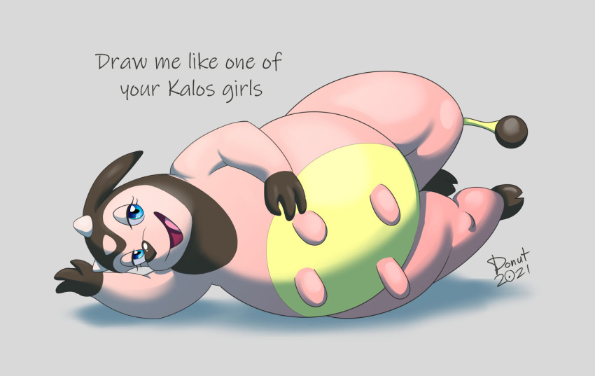 2021 2_horns blue_eyes cloven_hooves dialogue draw_me_like_one_of_your_french_girls english_text eyelashes female fur grey_background hi_res hooves horn looking_at_viewer lying meme miltank misterdonut nintendo on_side open_mouth open_smile overweight overweight_female pink_body pink_fur pok&eacute;mon pok&eacute;mon_(species) signature simple_background smile solo teats text udders video_games