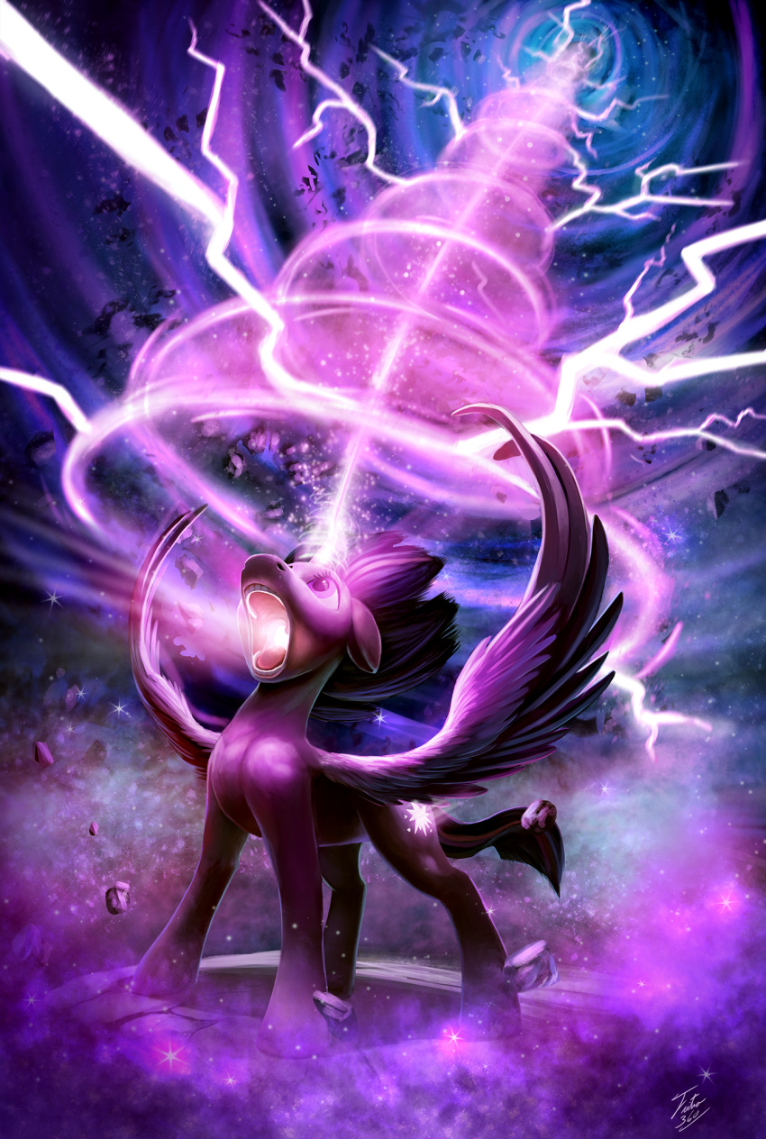 2014 cutie_mark detailed_background electricity energy_beam equid equine feathered_wings feathers female feral friendship_is_magic fur glowing hair hasbro hi_res horn magic mammal multicolored_hair my_little_pony open_mouth outside purple_body purple_eyes purple_feathers purple_fur purple_hair rock signature solo standing tsitra360 twilight_sparkle_(mlp) two_tone_hair winged_unicorn wings