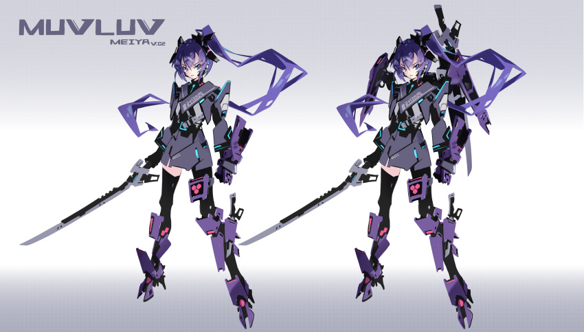 1girl asymmetrical_legwear black_gloves black_legwear blue_eyes blue_hair boots character_name commentary_request copyright_name cosplay cyborg elbow_gloves full_body gloves gradient gradient_background hair_between_eyes hair_ornament hayakawa_harui high_ponytail highres holding holding_sword holding_weapon knee_boots long_hair looking_at_viewer mechanization military military_uniform mitsurugi_meiya muvluv muvluv_alternative parted_lips ponytail purple_footwear recurring_image revision sheath sheathed standing sword takemikazuchi_(muvluv) takemikazuchi_(muvluv)_(cosplay) thighhighs tile_background translated tsurime uniform v-shaped_eyebrows variations very_long_hair weapon