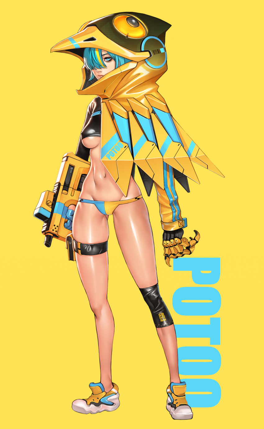 1girl aqua_hair asymmetrical_clothes bird_hood blonde_hair blue_eyes blue_gloves breasts bullpup commentary_request covered_nipples crop_top cyborg english_text full_body gloves groin gun hair_over_one_eye half_gloves highres holding holding_gun holding_weapon hood hoodie joints lips looking_at_viewer lowleg lowleg_panties machine_pistol mechanical_hands mechanical_wings medium_breasts multicolored_hair navel nose original panties robot_joints shiny shiny_skin shoes single_glove single_knee_pad single_mechanical_hand skindentation sneakers solo standing streaked_hair thigh_pouch toned two-tone_hair underboob underwear weapon wei_(kaminari0411) wings yellow_background yellow_hoodie