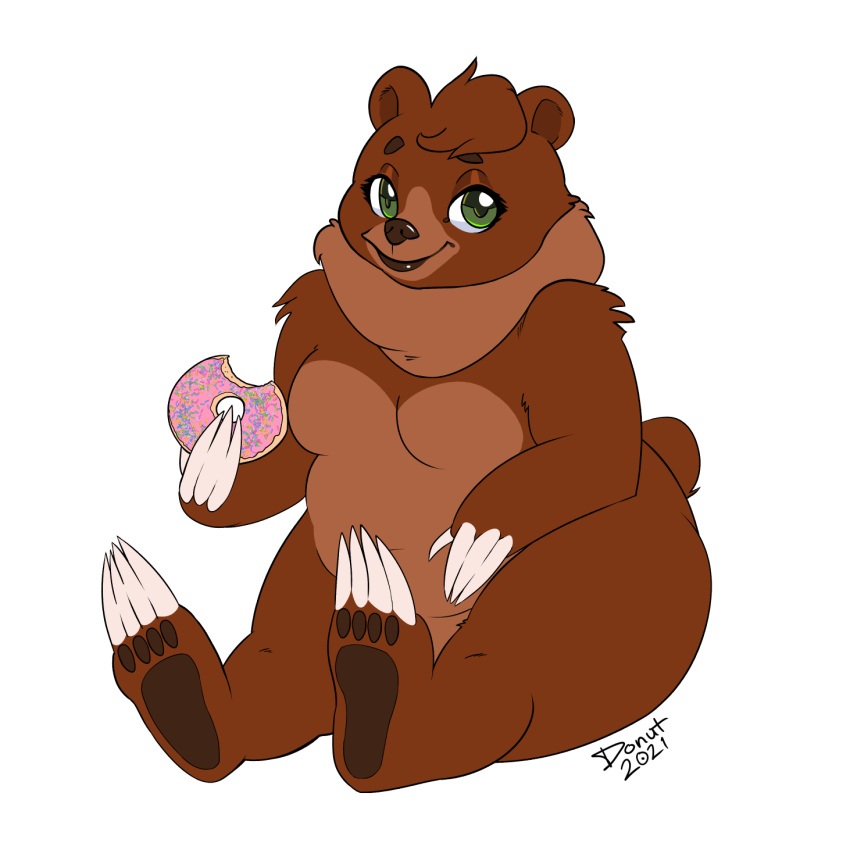 1:1 2021 alpha_channel anthro breasts brown_body brown_fur claws dessert doughnut featureless_breasts feet female food fur green_eyes hi_res long_claws looking_at_viewer mammal misterdonut overweight overweight_anthro overweight_female pawpads signature sitting soles solo ursid
