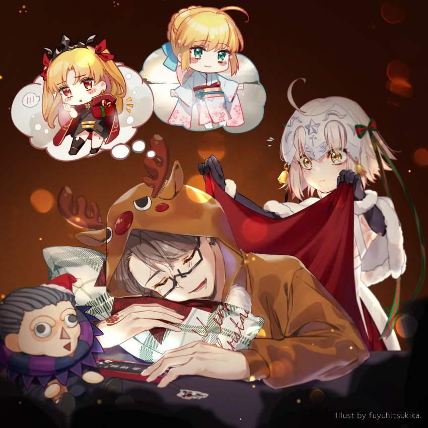 2boys 3girls absurdres ahoge animal_costume artoria_pendragon_(all) bangs black_hair blonde_hair braid cloak doll dreaming ereshkigal_(fate) fate/grand_order fate_(series) fujimaru_ritsuka_(male) fuyuhi_tsukika gift gilles_de_rais_(caster)_(fate) glasses green_eyes hair_ribbon headpiece highres japanese_clothes jeanne_d'arc_(fate)_(all) jeanne_d'arc_alter_santa_lily_(fate) kimono long_hair looking_at_viewer multiple_boys multiple_girls pajamas quilt red_cloak red_eyes reindeer_costume ribbon saber santa_costume sleeping twintails yukata