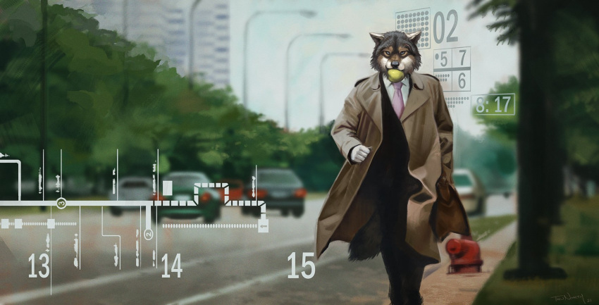 anthro apple canid canine canis clothing coat food fruit hi_res male mammal plant rakan solo street text topwear trenchcoat trunorth wolf