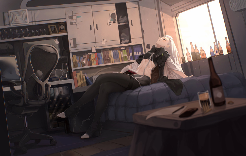 1girl absurdres ak-alfa_(girls_frontline) alcohol backlighting bedroom beer beer_bottle beer_glass beer_mug black_footwear book bookshelf boots breasts chair closed_eyes crossed_legs cup dutch_angle girls_frontline head_back high_heel_boots high_heels highres monitor mug nose office_chair on_bed open_book reclining refrigerator rui_(rei_leyi) small_breasts solo thigh_boots thighhighs