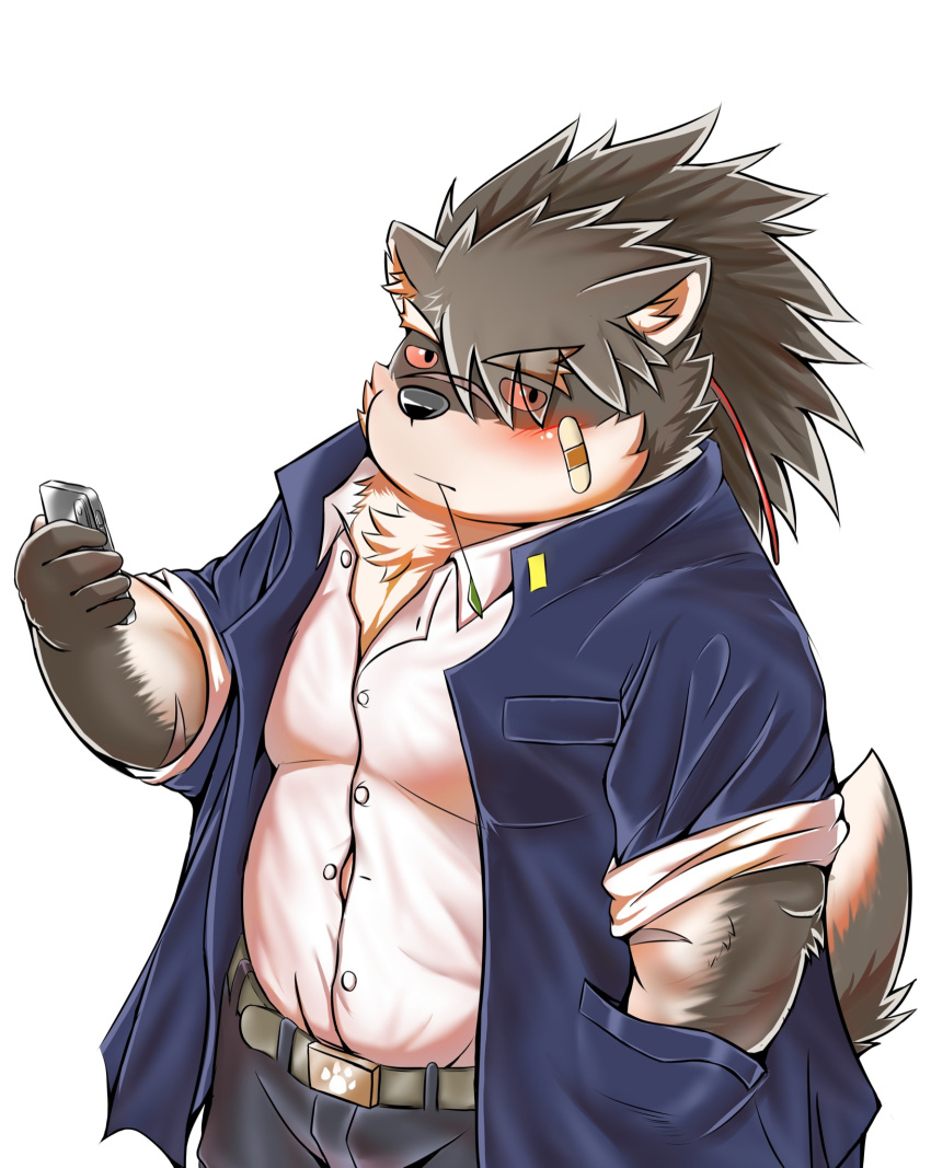 anthro band-aid bandage belt black_nose blush canid canine canis clothed clothing domestic_dog facial_scar fur grey_body grey_fur hair hi_res kemono male mammal multicolored_body multicolored_fur phone ponytail red_eyes sandy18569215 scar shino_(housamo) shirt simple_background solo tokyo_afterschool_summoners topwear two_tone_body two_tone_fur video_games white_background white_body white_fur