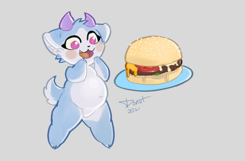 &lt;3 &lt;3_eyes 2021 :3 ambiguous_gender anthro belly blue_body blue_fur blush burger cute_fangs food fur grey_background horn hybrid misterdonut multicolored_body multicolored_fur open_mouth open_smile purple_eyes signature simple_background smile solo tongue two_tone_body two_tone_fur