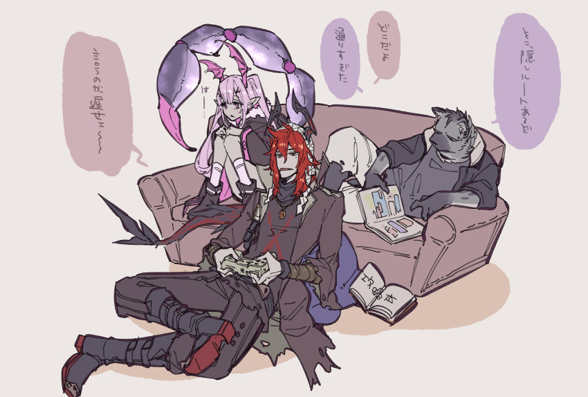 1girl 2boys animal_ears arknights book boots controller couch furry game_controller highres horns jacket jewelry koryuu_(gackter10) legs_together long_hair lying manticore_(arknights) mole mole_under_eye multiple_boys necklace on_side purple_eyes purple_hair red_eyes red_hair scorpion_tail sesa_(arknights) sitting spot_(arknights) tail translation_request twintails white_legwear