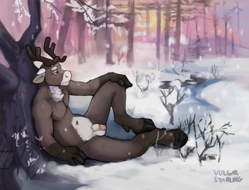 anthro antlers balls brown_body brown_fur capreoline cervid chest_tuft fur genitals gloves_(marking) hooves horn humanoid_genitalia humanoid_penis male mammal markings navel nude outside penis plant reindeer snow solo tree tuft vulgarstarling white_body white_fur