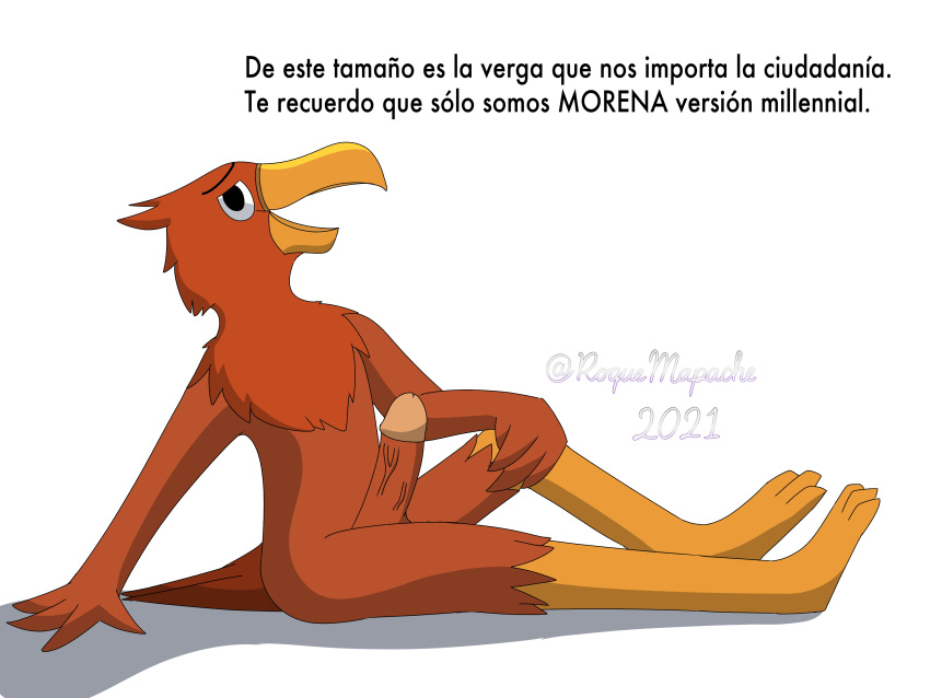4:3 4_fingers absurd_res accipitrid accipitriform aguila_(aguila) aguila_la_serie_animada anthro avian bald_eagle balls beak bird eagle erection feathers fingers genitals hair hi_res looking_at_viewer male nude orange_body orange_feathers penis roquemapache_(artist) sea_eagle simple_background solo spanish_text teasing text vein veiny_penis wings