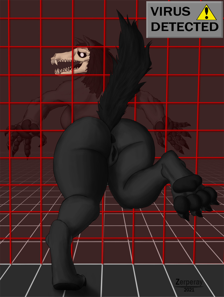 absurd_res anthro black_body black_fur bone canid english_text female fur genitals hi_res malo mammal monster paws pussy scp-1471 scp_foundation skull solo text through_wall wireframe zerperay