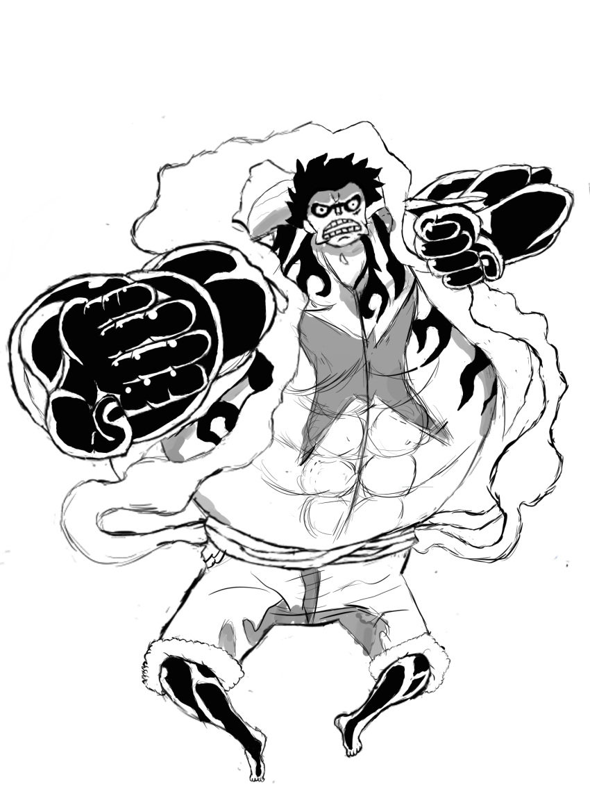 1boy gear_fourth highres jacket monkey_d._luffy monochrome one_piece open_clothes open_jacket scar