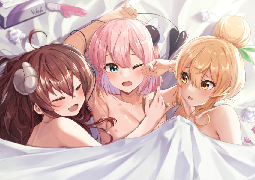 3girls ahoge armpits bed_sheet blonde_hair blue_eyes breasts chiyoda_momo closed_eyes commentary_request curled_horns demon_girl demon_horns demon_tail dildo eyebrows_visible_through_hair fang hair_between_eyes hair_bun hickey hinatsuki_mikan horns long_hair looking_at_another lying machikado_mazoku medium_breasts multiple_girls nude on_back one_eye_closed open_mouth pink_hair red_hair sex_toy short_hair skin_fang smile suzushi_moruto tail tissue_box under_covers used_tissue yellow_eyes yoshida_yuuko_(machikado_mazoku) yuri