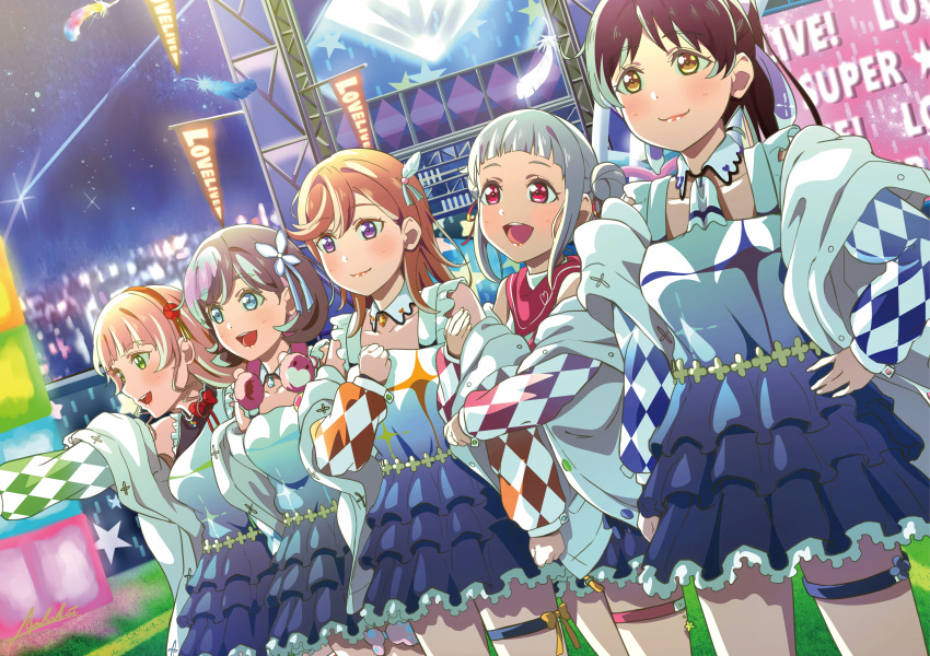 5girls absurdres al_aoi_aoba arashi_chisato arm_hug bangs black_hair blonde_hair blue_eyes breasts collarbone commentary_request double_bun dress english_text eyebrows_visible_through_hair feathers frilled_dress frills green_eyes grey_hair hair_ornament hairband hajimari_wa_kimi_no_sora hand_on_hip hand_on_own_chest hazuki_ren headphones headphones_around_neck heanna_sumire highres huge_filesize jacket long_hair love_live! love_live!_superstar!! medium_breasts multiple_girls night night_sky orange_hair ponytail purple_eyes red_eyes shibuya_kanon shooting_star short_hair sidelocks signature sky star_(sky) starry_sky tang_keke white_hair yellow_eyes