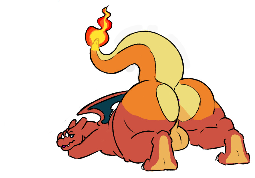 2021 anus balls big_balls big_butt butt charizard covertcanine fire flaming_tail from_behind_(disambiguation) genitals hand_on_snout hi_res male nintendo pok&eacute;mon pok&eacute;mon_(species) presenting presenting_hindquarters raised_tail rear_view simple_background solo thunderthighdog video_games