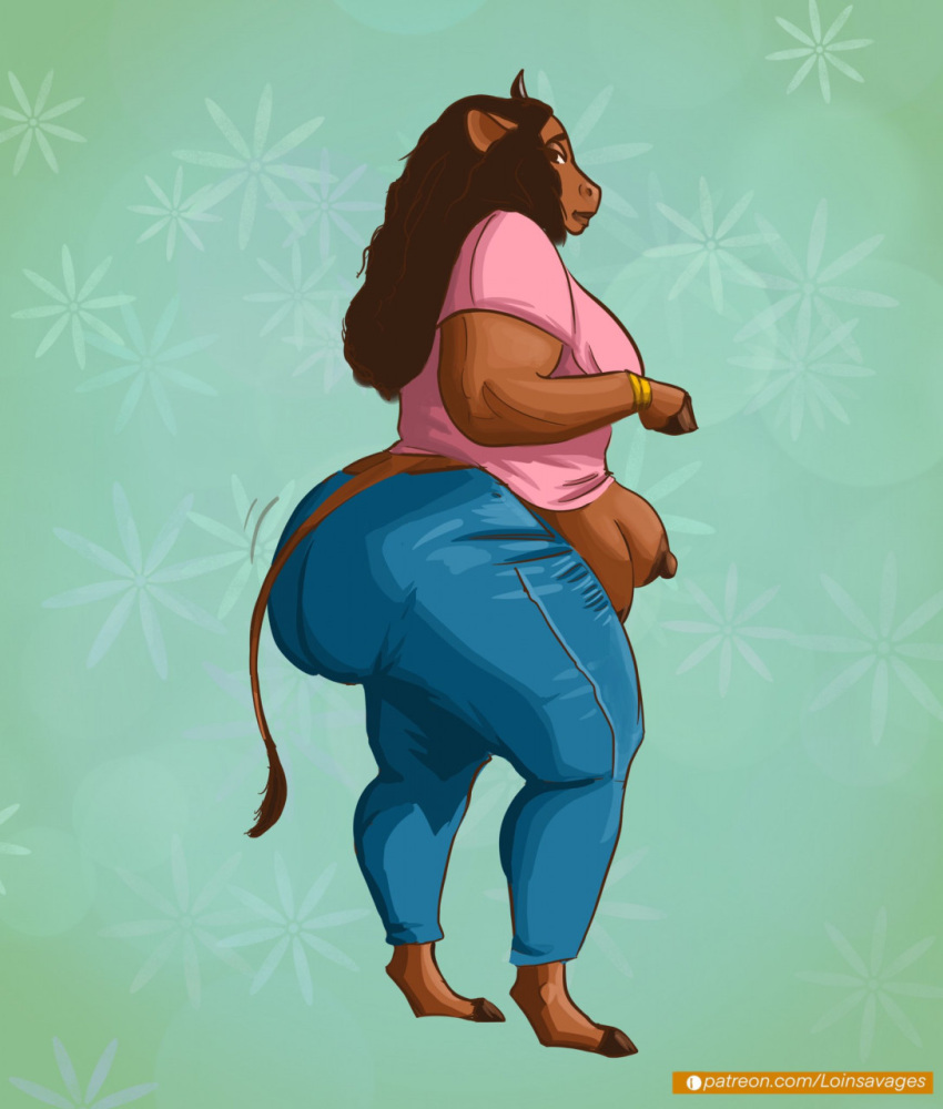 after_transformation anthro big_butt bovid bovine butt cattle clothing dark_body dark_skin female hi_res hooves horn invalid_tag jewelry loinsavage mammal solo teats thick_thighs tight_jeans transformation udders